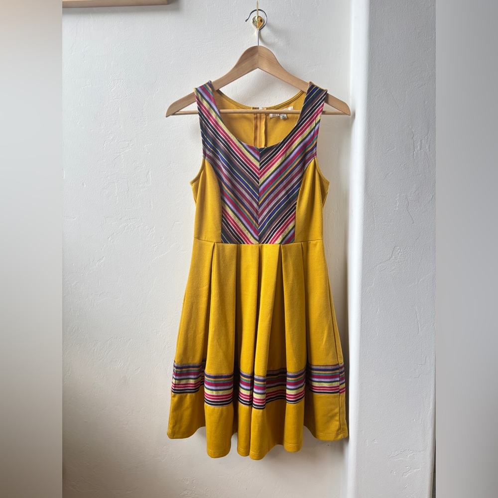 YA Los Angeles Sleeveless Yellow Dress with Multicolor Stripes and Pleated Skirt